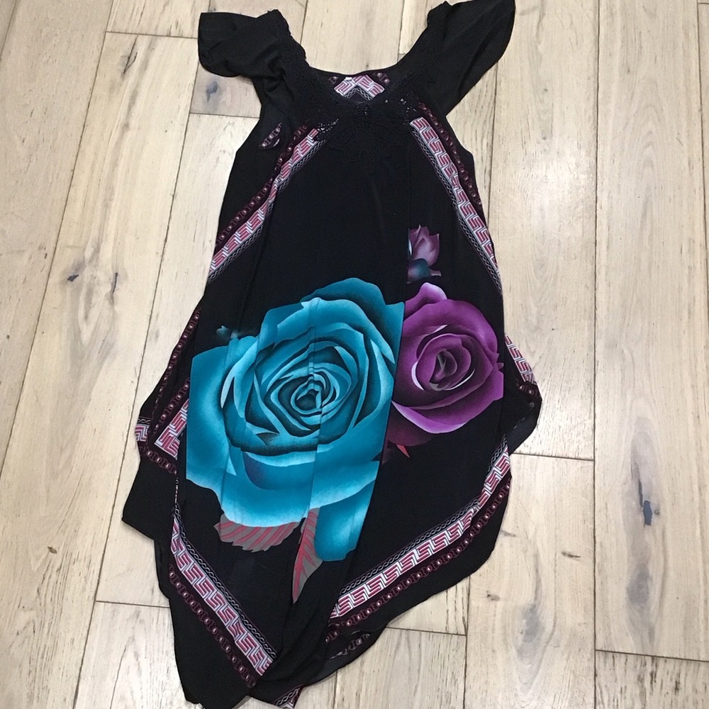 Chic Black Dress with Teal  and Purple Floral Design